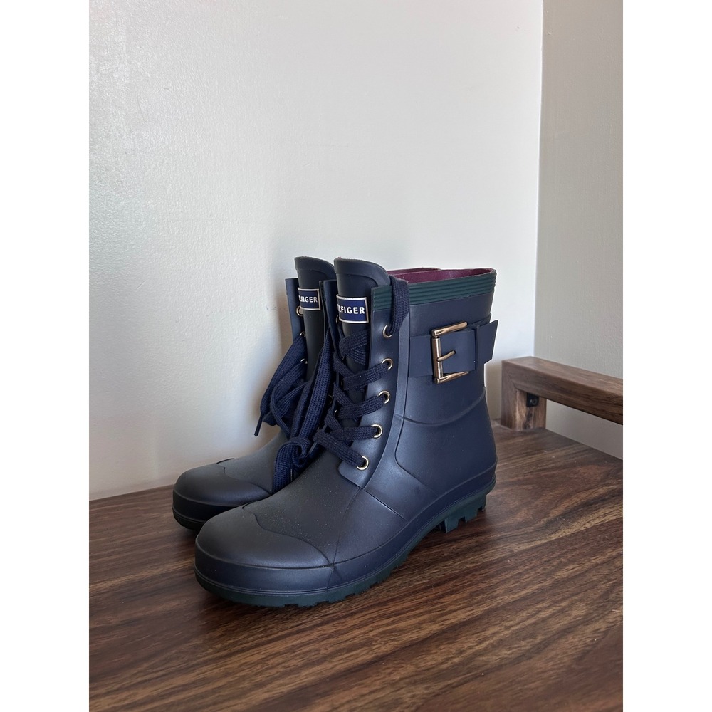 Tommy Hilfiger Womens Navy Blue Lace Up Rubber Rain Boots Side Buckle Size 6